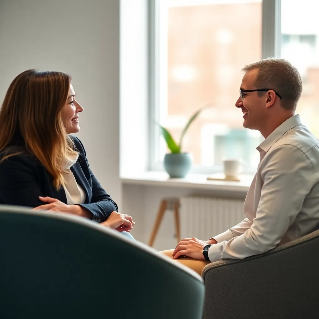 Coach en cliënt in gesprek tijdens een coaching sessie in een lichte, rustige ruimte