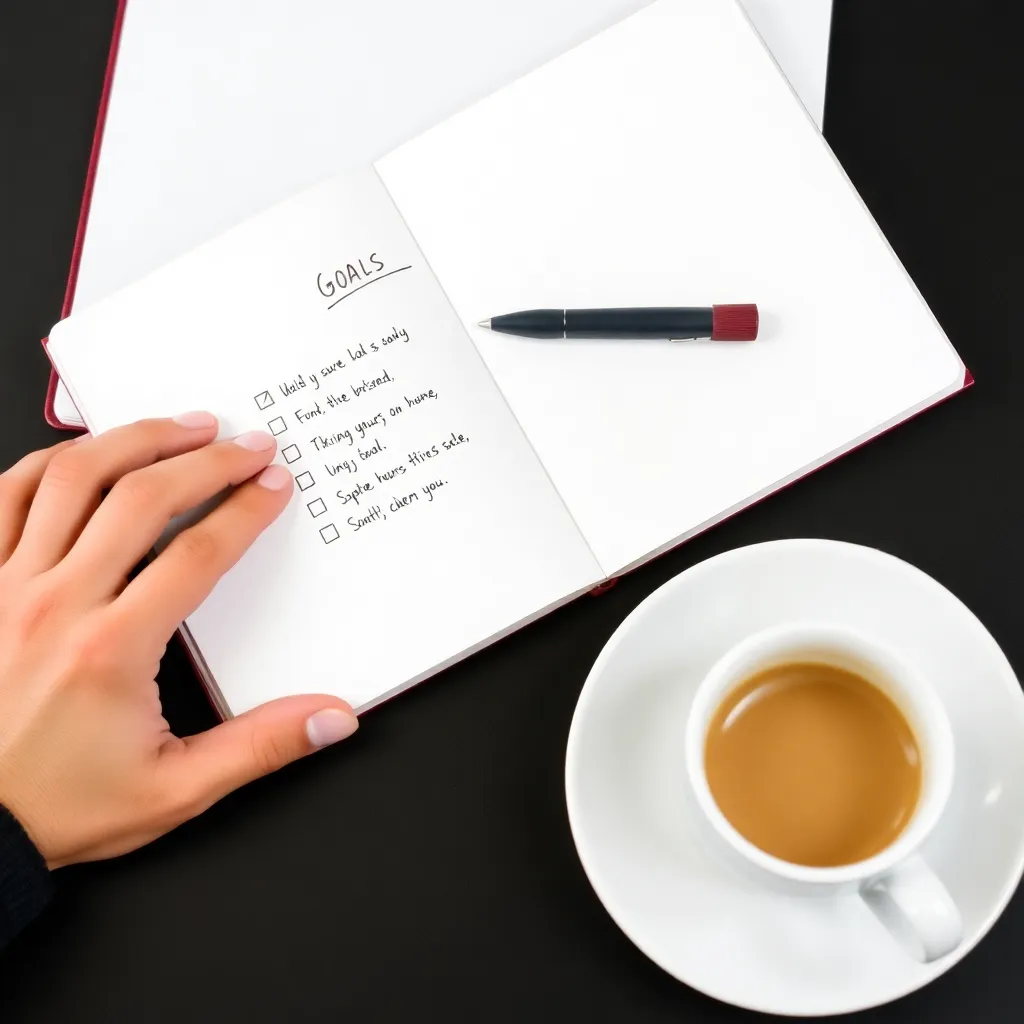 Persoon die doelen opschrijft in een notitieboek met een kopje koffie ernaast