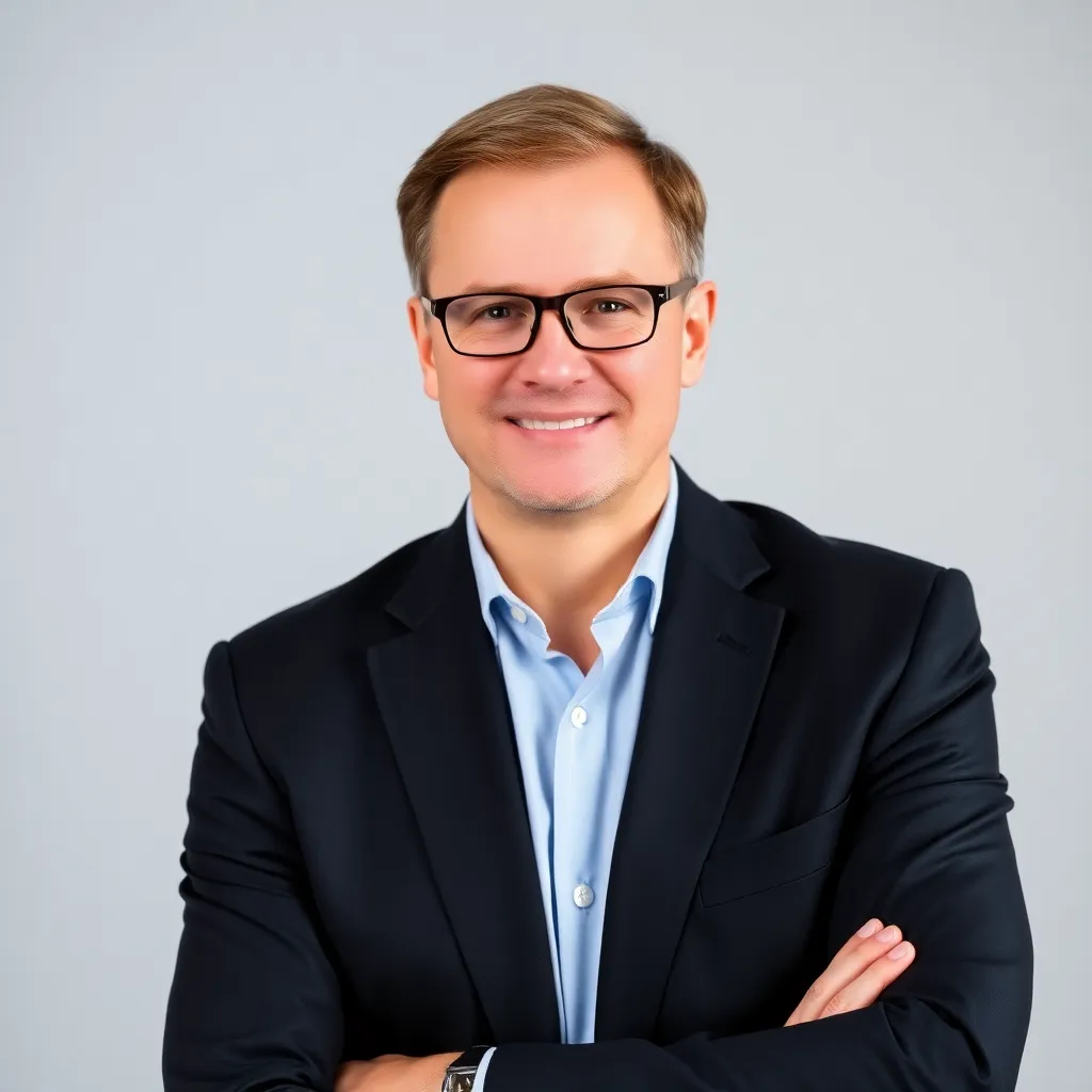 Portret van Mark V., een man van middelbare leeftijd in zakelijke kleding